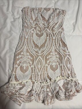 White Lace Strapless Mini Dress with Nude Lining